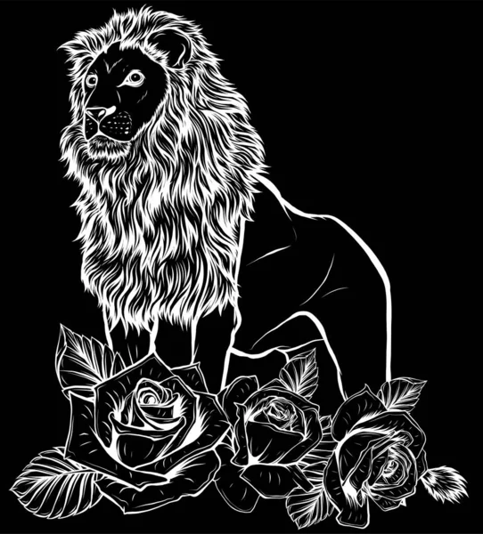 Leone Con Rose Disegno Illustrazione Sfondo Nero — Vettoriale Stock