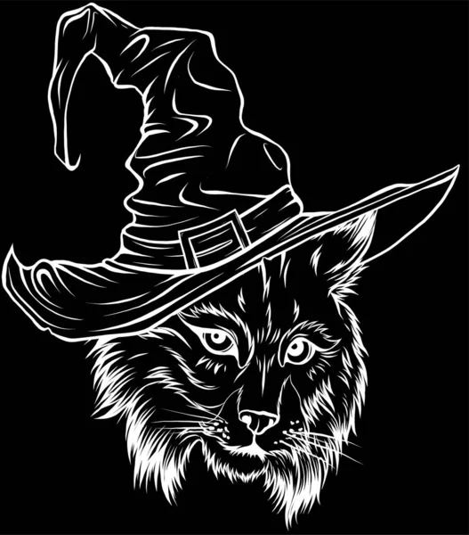 Κεφαλή Lynx Εικόνα Διάνυσμα Καπέλο Μάγισσα Μαύρο Φόντο — Διανυσματικό Αρχείο