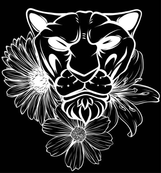 Προσωπογραφία Κεφαλής Λιονταριού Λουλουδένια Στεφάνια Απεικόνιση Μαύρο Φόντο — Διανυσματικό Αρχείο