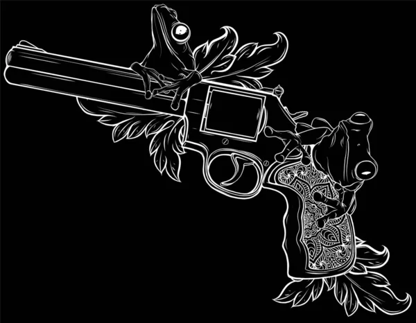黑色背景矢量设计的带左青蛙的手枪 数码手绘 — 图库矢量图片