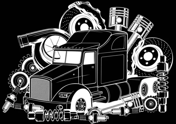 Ilustración Vectorial Camión Semi Con Parte Sobre Fondo Negro — Vector de stock