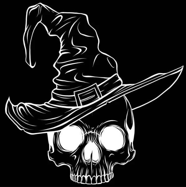 Skull Witch Hat Vector Illustration Black Background Digital Hand Draw — Stock Vector