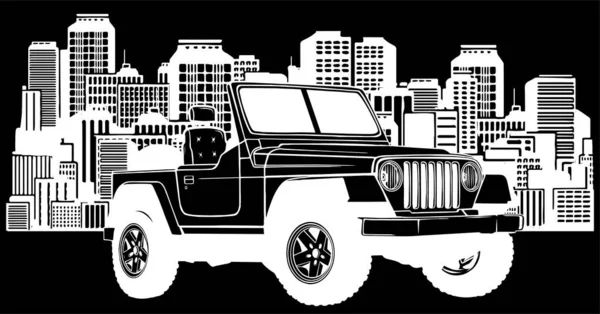 Imagen Jeep Frente Una Gran Silueta Ciudad Estilo Plano — Vector de stock