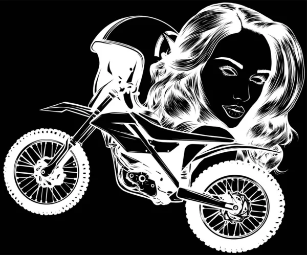 Крутой Мотокросс Шлемом Женской Головой Векторная Иллюстрация Черном Фоне Цифровая — стоковый вектор