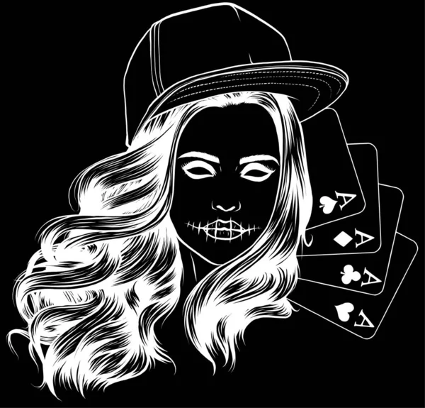 Ilustracja Dziewczyny Czapką Głowie Asami Pokera Wektor Czarnym Tle Cyfrowy — Wektor stockowy