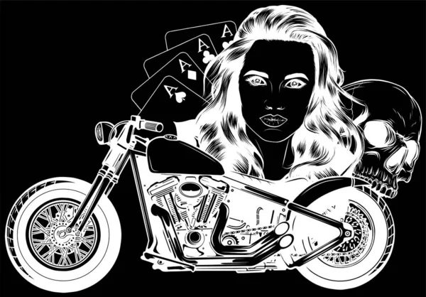 Vektorová Ilustrace Ženy Lebkou Motocykl Černém Pozadí Digitální Ruční Kreslení — Stockový vektor