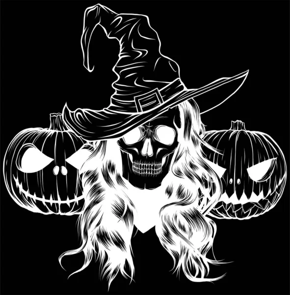 Halloween Pompoen Met Heksenschedel Vector Illustratie Zwarte Achtergrond Digitale Handtekening — Stockvector
