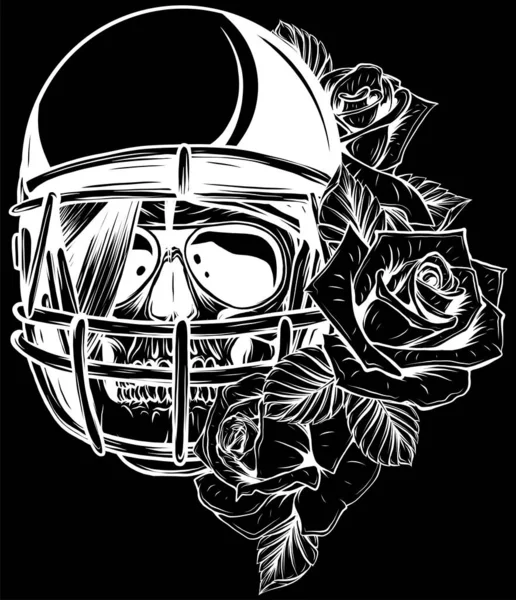 Skull Football Helmet Roses Vector Illustration Black Background Digital Hand — Stock Vector