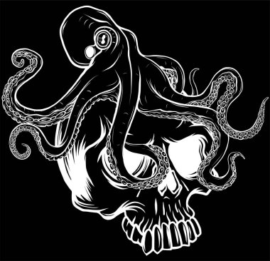 insan kafatası vektör illüstrasyonunda ahtapot dijital el çizimi