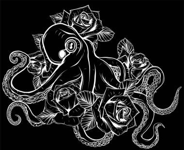 ahtapot ve gül vektör çizimi