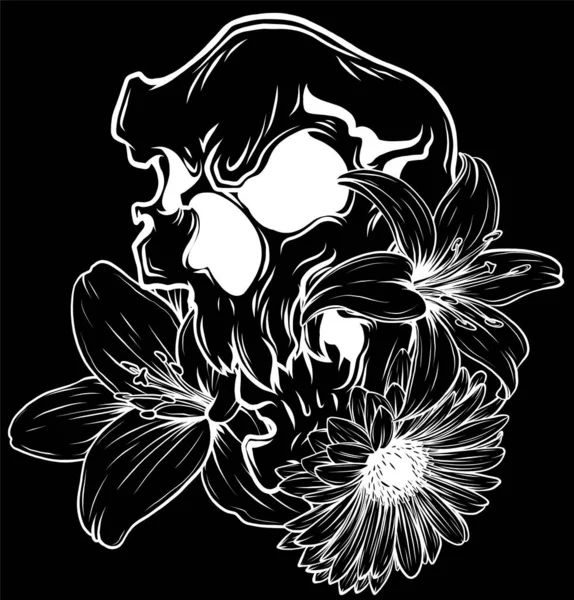 Totenkopf Und Blumen Vektor Illustration Auf Schwarzem Hintergrund — Stockvektor