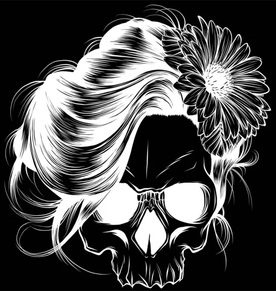 カラフルな花のベクトルデジタルハンドドローと女性の頭蓋骨 — ストックベクタ