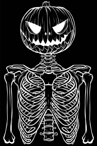 Huvud Pumpa Mänskliga Skelett Illustration Svart Bakgrund — Stock vektor