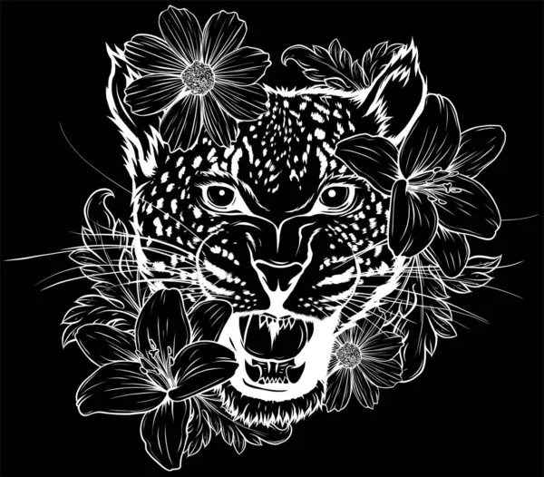 Cabeza Leopardo Con Corona Flores — Archivo Imágenes Vectoriales