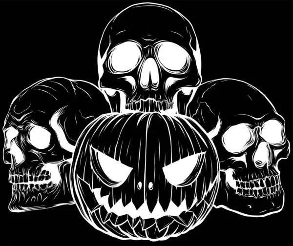 Halloween Pumpkins Filled Piles Skulls Very Scary — Stock Vector