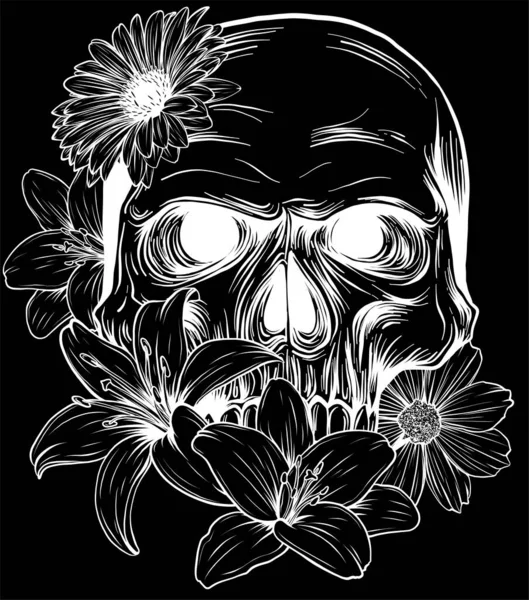 Emberi Koponya Virágokkal Illusztráció Fekete Háttér — Stock Vector