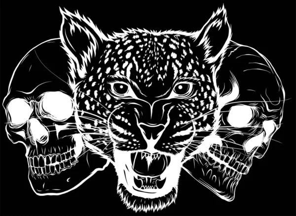 ヒョウと頭蓋骨の頭のベクトル図 デジタルハンドドロー — ストックベクタ