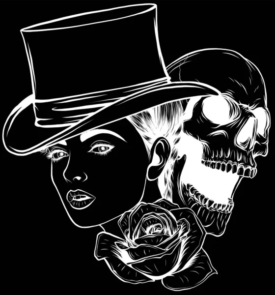 Crâne Sucre Femme Avec Chapeau Dessin Illustration Vectoriel Rose — Image vectorielle