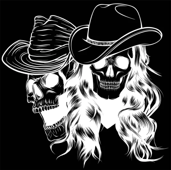 Schädel Cowboy Und Frau Vektor Illustration Auf Schwarzem Hintergrund — Stockvektor