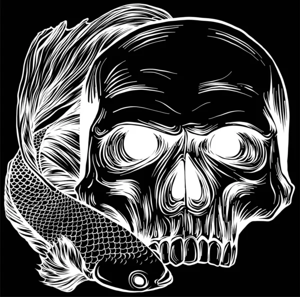 Crâne Humain Avec Illustration Poisson Betta Sur Fond Noir — Image vectorielle