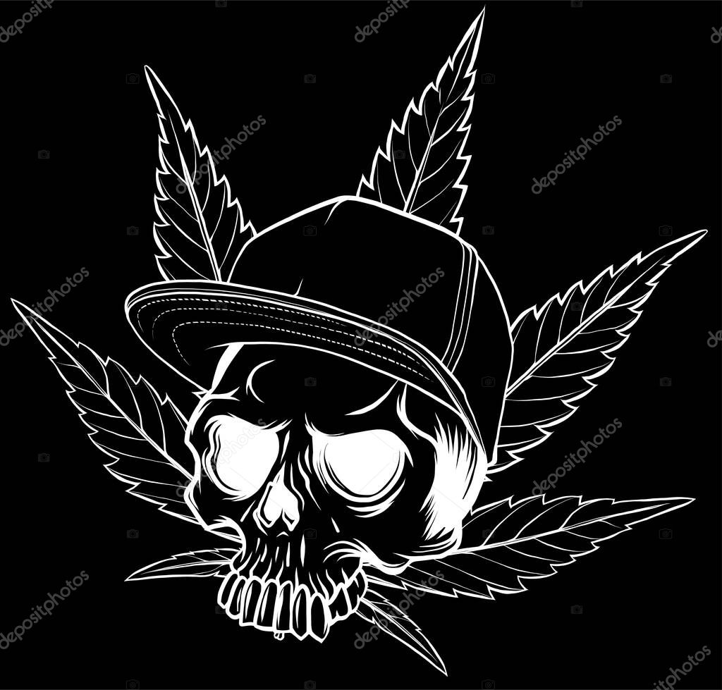 Head skull with leaves marijuana and hat vector illustration design