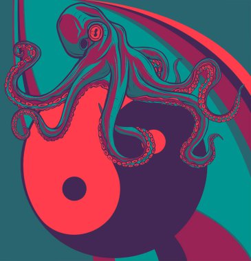 Ahtapot çizimi. Dokunaçlı kırmızı renkli kraken, eski model kabartma vektör çizimi. Deniz devi hayvan eli her küçük detayla gerçekçi bir şekilde çizilmiş..