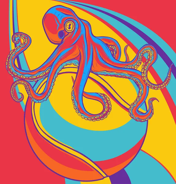 Ilustración Del Pulpo Color Rojo Kraken Con Tentáculos Grabado Vintage — Vector de stock