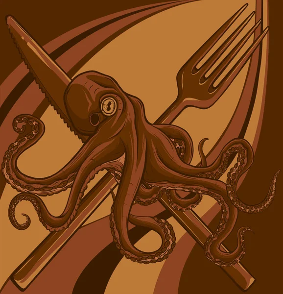 Ilustración Del Pulpo Color Rojo Kraken Con Tentáculos Grabado Vintage — Vector de stock