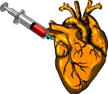 Kalp ve şırıngayla aşı düşer. Covid-19 ya da kan bağışına karşı aşıların sembolü. Beyaz arkaplanda vektör simgesi izole edildi.