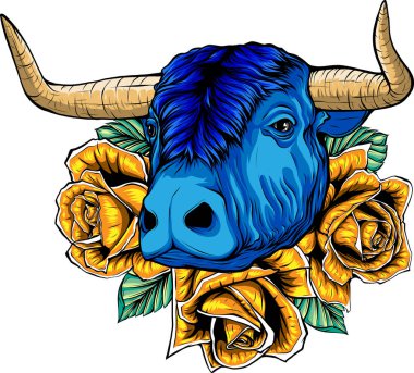 Beyaz arkaplanda İnek ve güllerin çizimi