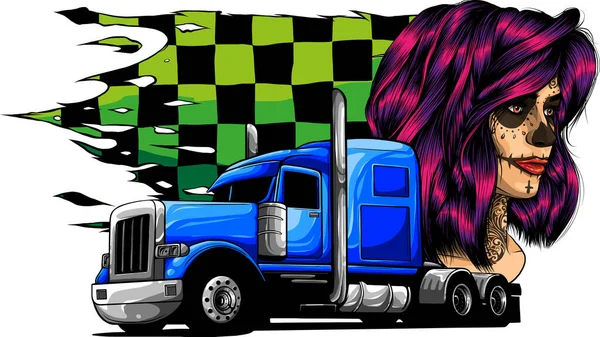 Illustration Semi Camion Avec Tête Fille Drapeau Course — Image vectorielle