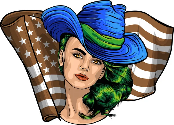 Иллюстрация Женщины Ковбойской Шляпе Американском Флаге — стоковый вектор