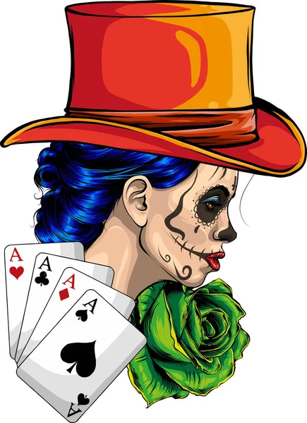 Illustration Tête Femme Avec Des Poker Rose — Image vectorielle