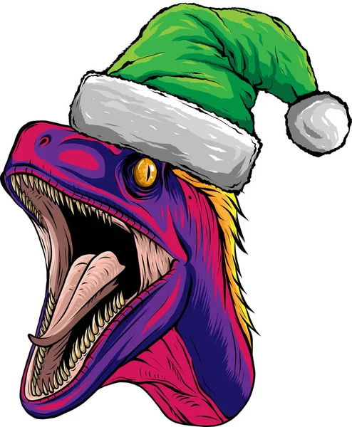 Ilustracja Głowy Welociraptora Świątecznym Kapeluszu — Wektor stockowy