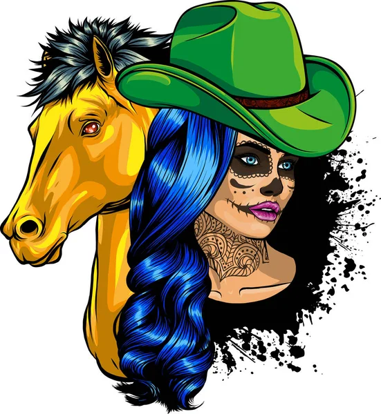 Bela Vaqueira Vestindo Chapéu Cowboy Cabeça Cavalo — Vetor de Stock