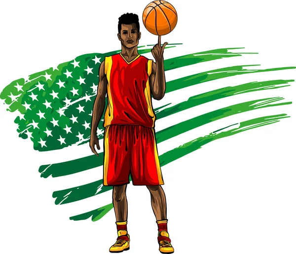 Ilustración Jugador Baloncesto Con Bandera Americana — Vector de stock