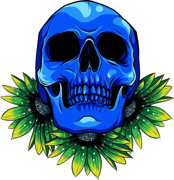人間の頭蓋骨と花のイラスト — ストックベクタ