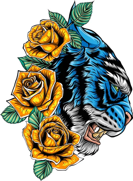 Wektor Ilustracja Ryczącej Głowy Tygrysa Róż Tatuaż — Wektor stockowy