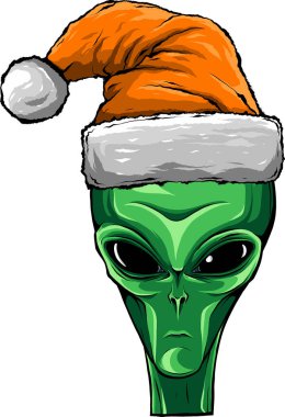 Noel Baba şapkası takan bir uzaylı. Noel uzaylı suratı. Clipart vektör illüstrasyonu