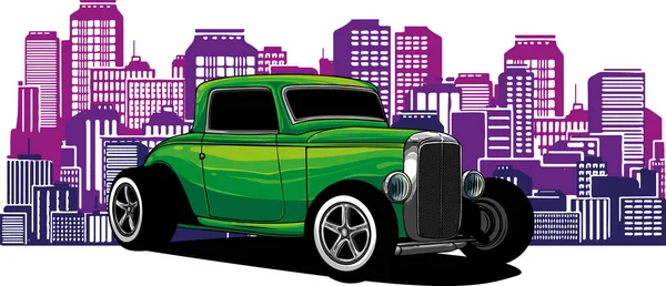 Illustrazione Hot Rod Auto Con Città Background — Vettoriale Stock