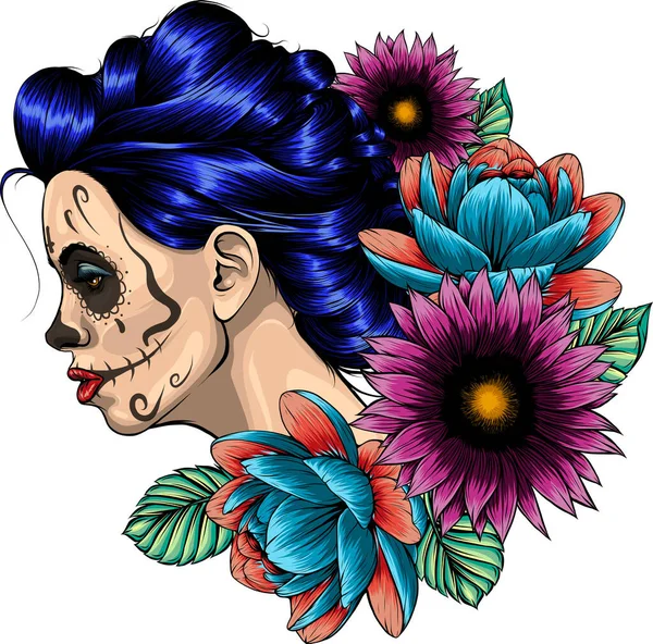 Ilustración Mujer Cráneo Azúcar Flor — Archivo Imágenes Vectoriales