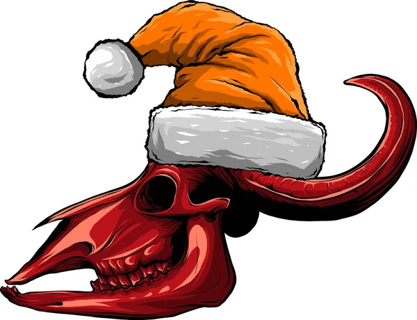 Weihnachten Wild West Illustration Mit Stierschädel Und Weihnachtsmütze Auf Weißem — Stockvektor