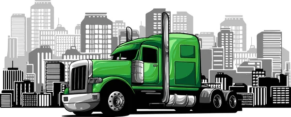 Illustrazione Semi Camion Sulla Città Background — Vettoriale Stock