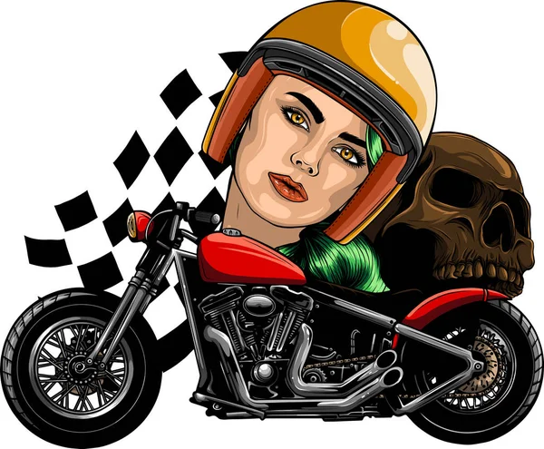 Femme Avec Crâne Moto Sur Fond Blanc — Image vectorielle