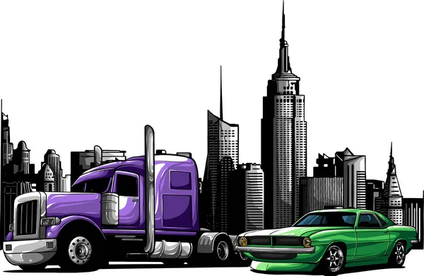 Illustratie Van Semi Vrachtwagen Stad Achtergrond — Stockvector