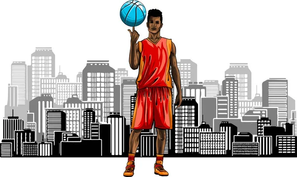 Иллюстрация Баскетболиста Фоне Города — стоковый вектор