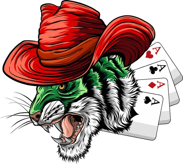 Ilustrace Tiger Cowboy Pokerovými Kartami — Stockový vektor