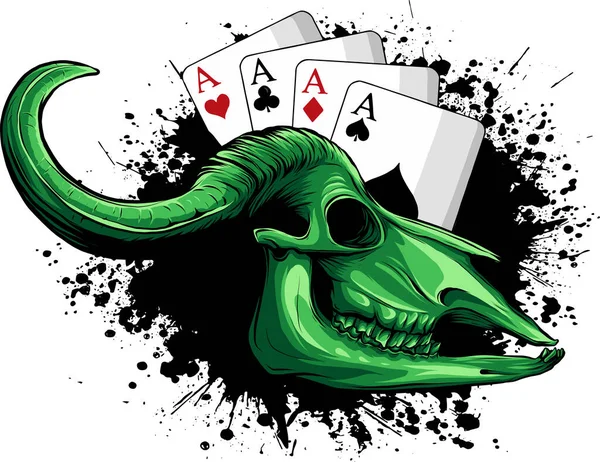 Illustration Crâne Vache Vwith Poker Aces — Image vectorielle