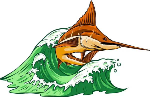 Illustrazione Marlin Con Onda Marina — Vettoriale Stock