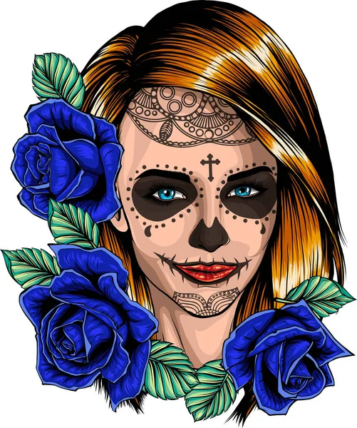 Illustration Crâne Femme Avec Des Roses — Image vectorielle